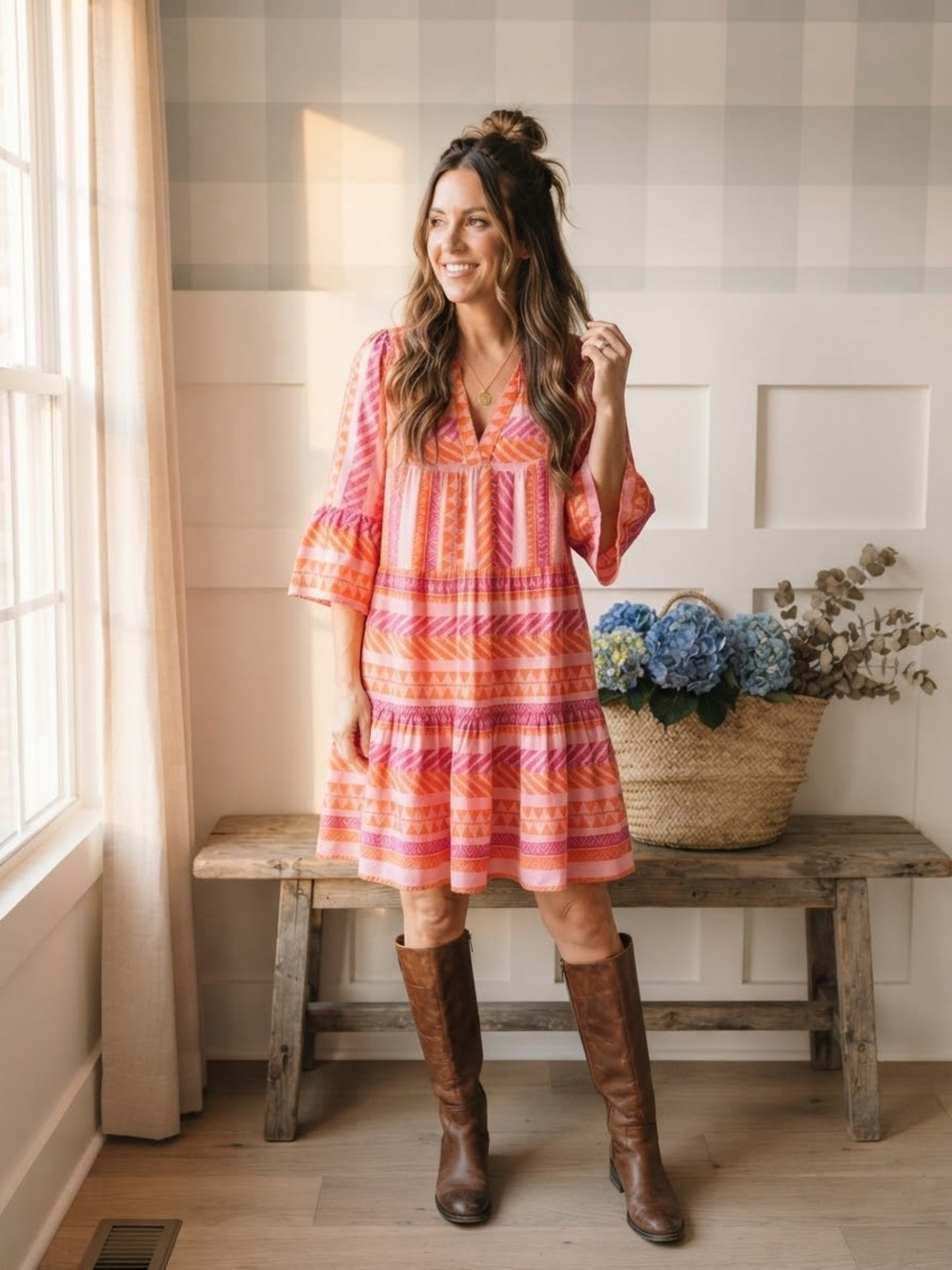 Pink & Orange Patterned V-Neck Tiered Mini Dress Small
